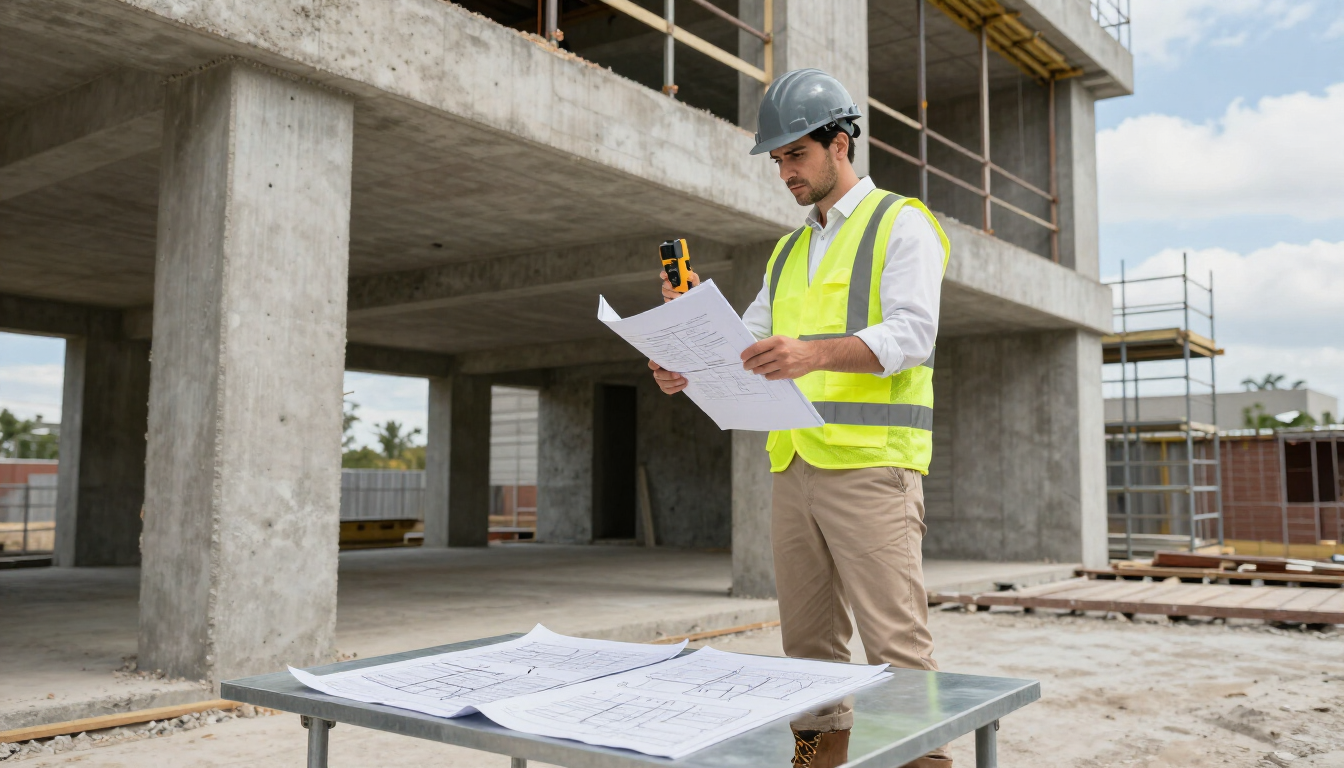 Obrero de la construcción con casco y chaleco reflectante revisando los planos en una obra en construcción