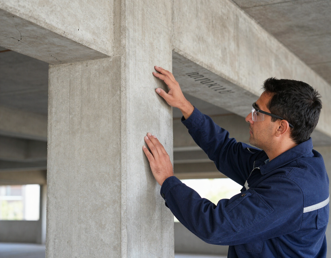 Un hombre inspecciona una columna de hormigón en el interior de un edificio sin terminar
