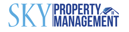 Sky Property Management logo with "SKY" in blue, "PROPERTY MANAGEMENT" in dark blue, and a house icon.