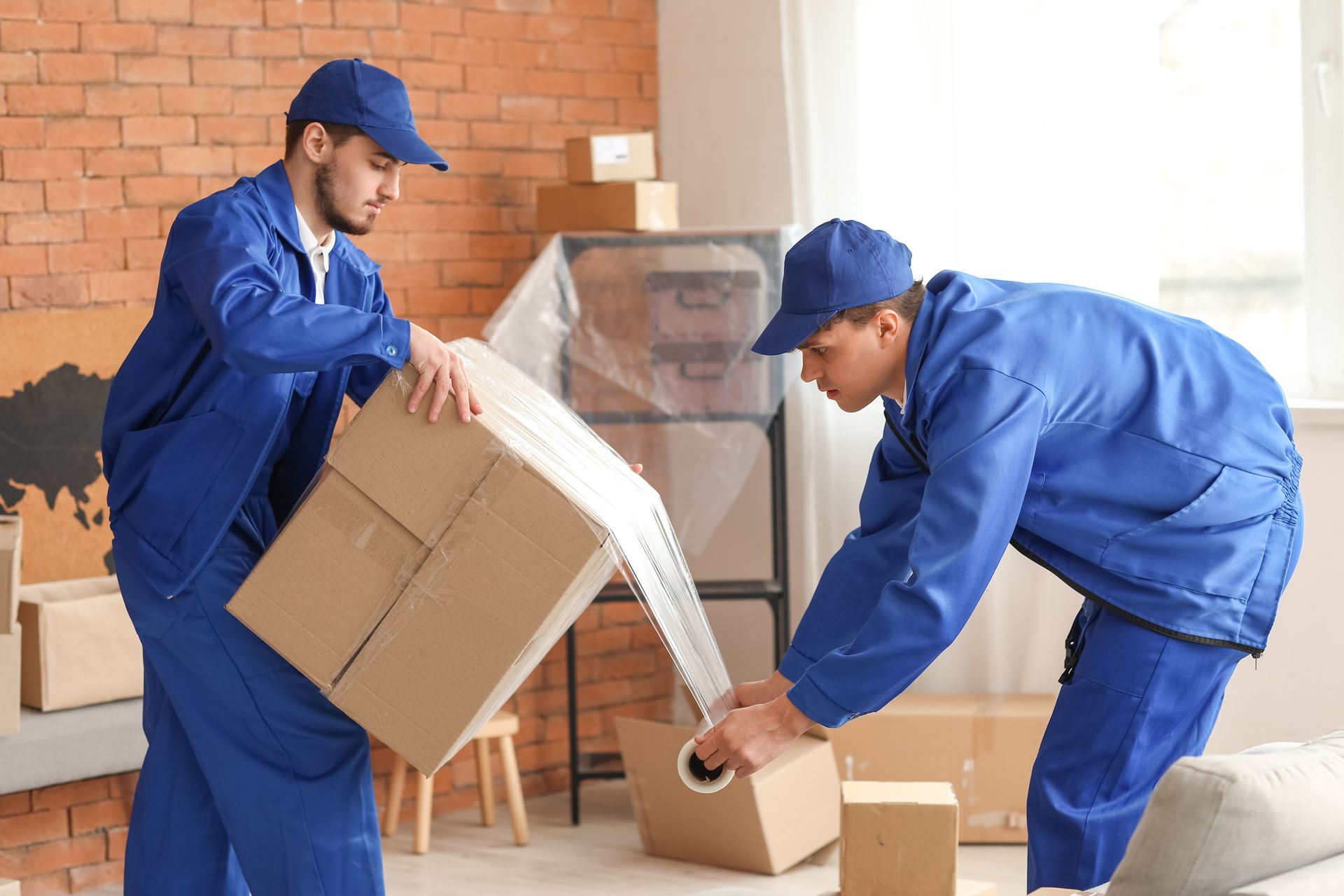 Two Movers Are Wrapping Boxes in a Living Room
