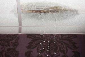 Brown stain on a light tiled wall above a dark purple decorative panel