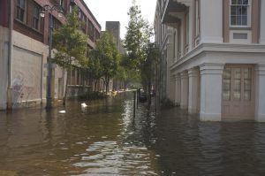 Flooded street lined with buildings, with brown water covering the road.