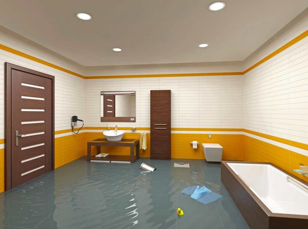 Flooded office room with desks, brown doors, yellow trim, and floating debris on blue water.