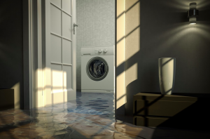 Sunlit hallway leading to a laundry room with a front-loading washing machine and patterned shadows on the floor