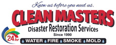 Clean Masters Disaster Restoration logo with 24-hour service badge and text: water, fire, smoke, mold.