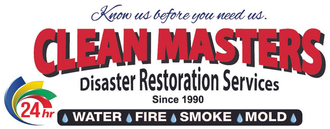 Clean Masters Disaster Restoration Services logo with water, fire, smoke, and mold icons