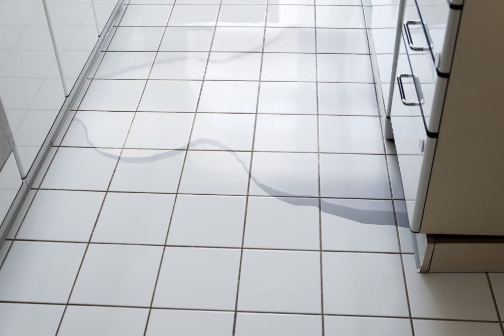 White tiled floor in a kitchen, with sunlight and the edge of a cabinet visible on the right.