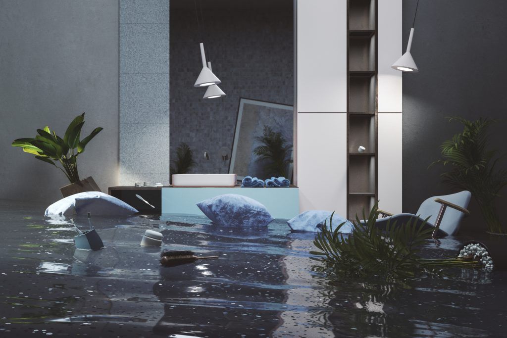 Flooded modern living room with floating furniture, plants, and hanging lights.