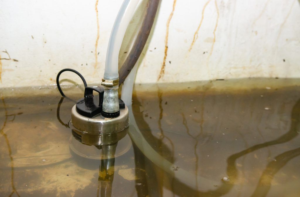 Submerged pump with hose in murky floodwater against a stained wall