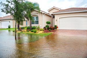Flooded suburban house with wet driveway and palm trees after heavy rain
