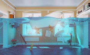 Flooded living room with furniture partly submerged in blue-tinted water, sunlit windows in the background