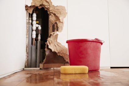 Leaking wall with exposed pipes, red bucket catching water, and yellow sponge on hardwood floor