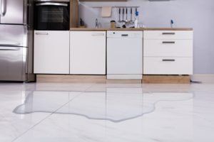 Kitchen floor with a large puddle of spilled water in front of white cabinets and appliances