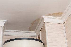 Water-stained ceiling above cabinets and a lamp in a room