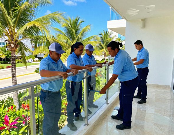 Equipo instalando barandales de vidrio templado en Cancún