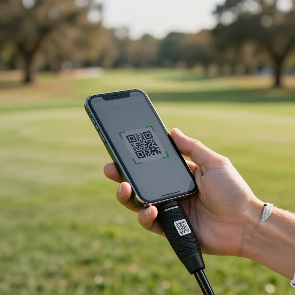 A hand holds a smartphone displaying a QR code, connected to a black scanning device, outdoors on a golf course.