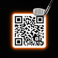 A white QR code with an orange glow border, featuring a golf club head at the top right corner against a black background.