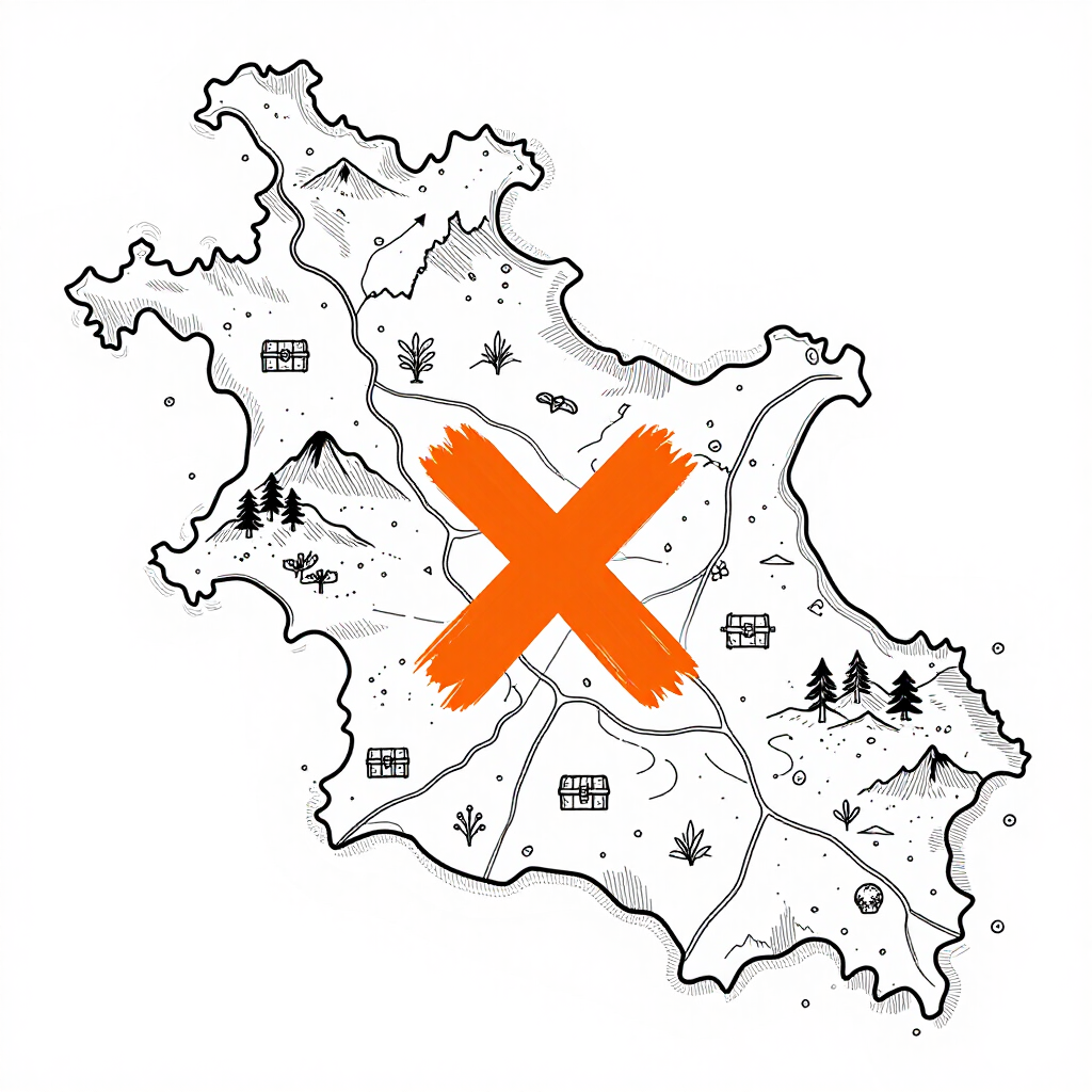A hand-drawn, black-and-white map of an island with a large, bright orange