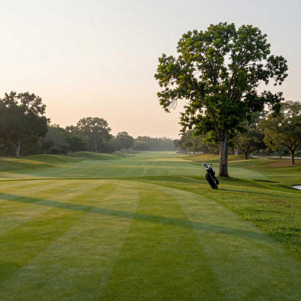 A green golf course fairway stretches toward distant trees under a soft, golden sky with a golf bag standing near a tree.