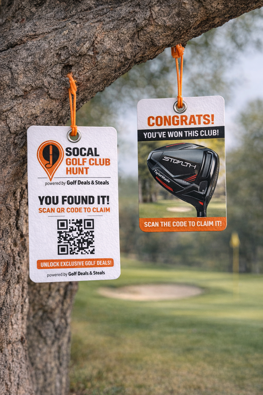 Two tags hang from a tree, each with a QR code and text announcing a 