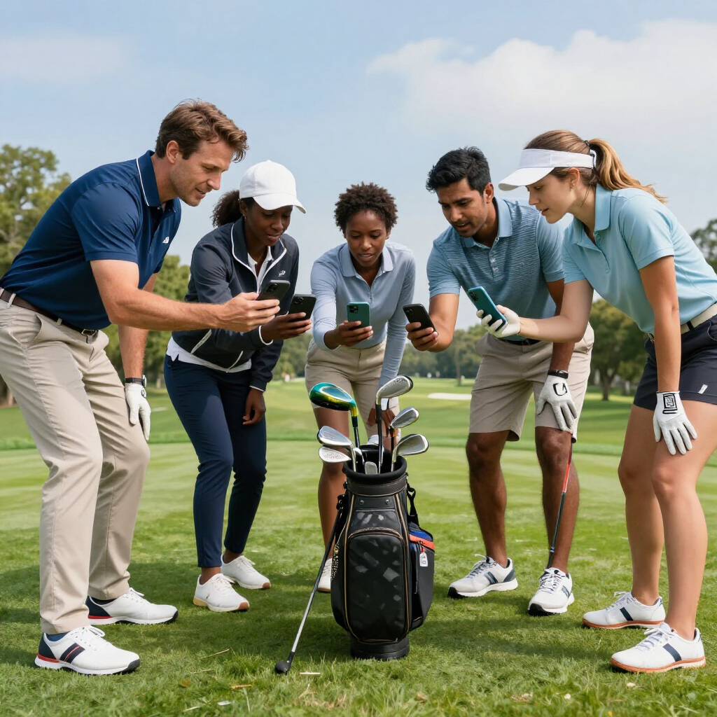 A group of five golfers in athletic wear standing on a golf course, looking at their mobile phones around a golf bag.