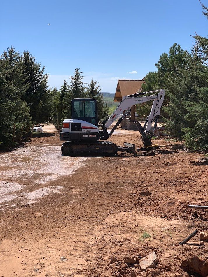 Small excavator on a dirt path between trees under a clear blue sky.