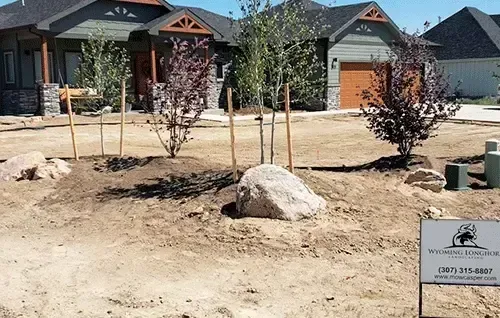 Front yard with young trees, a large rock, and a house under construction in the background