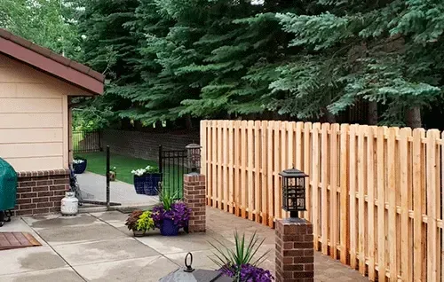 Backyard patio with tan fence, purple flowers, and evergreen trees beside a house