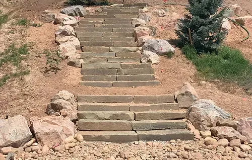 Stone steps leading up a dirt path, flanked by rocks and sparse greenery