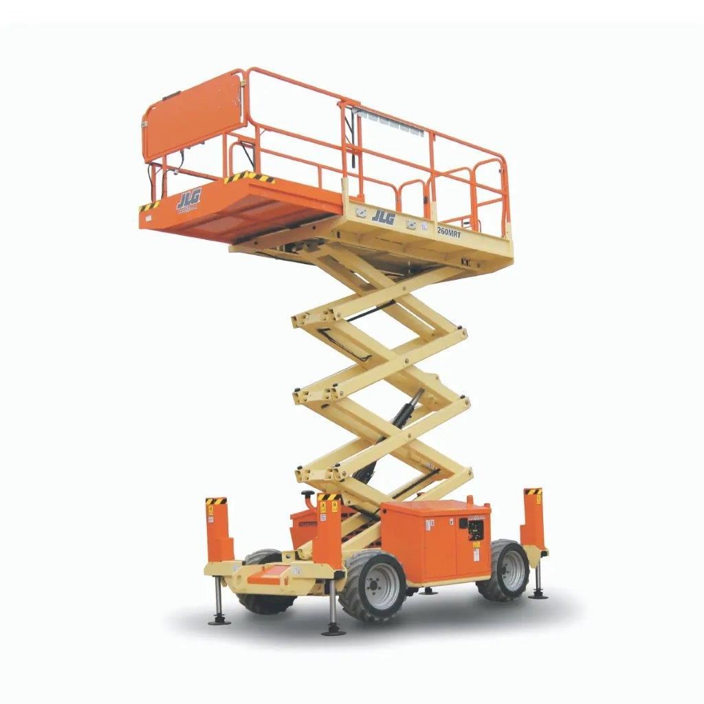 Orange scissor lift raised high with safety rails and wheels on a white background