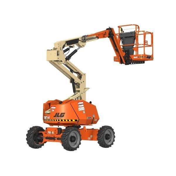 Orange JLG articulated boom lift with raised platform, isolated on white background