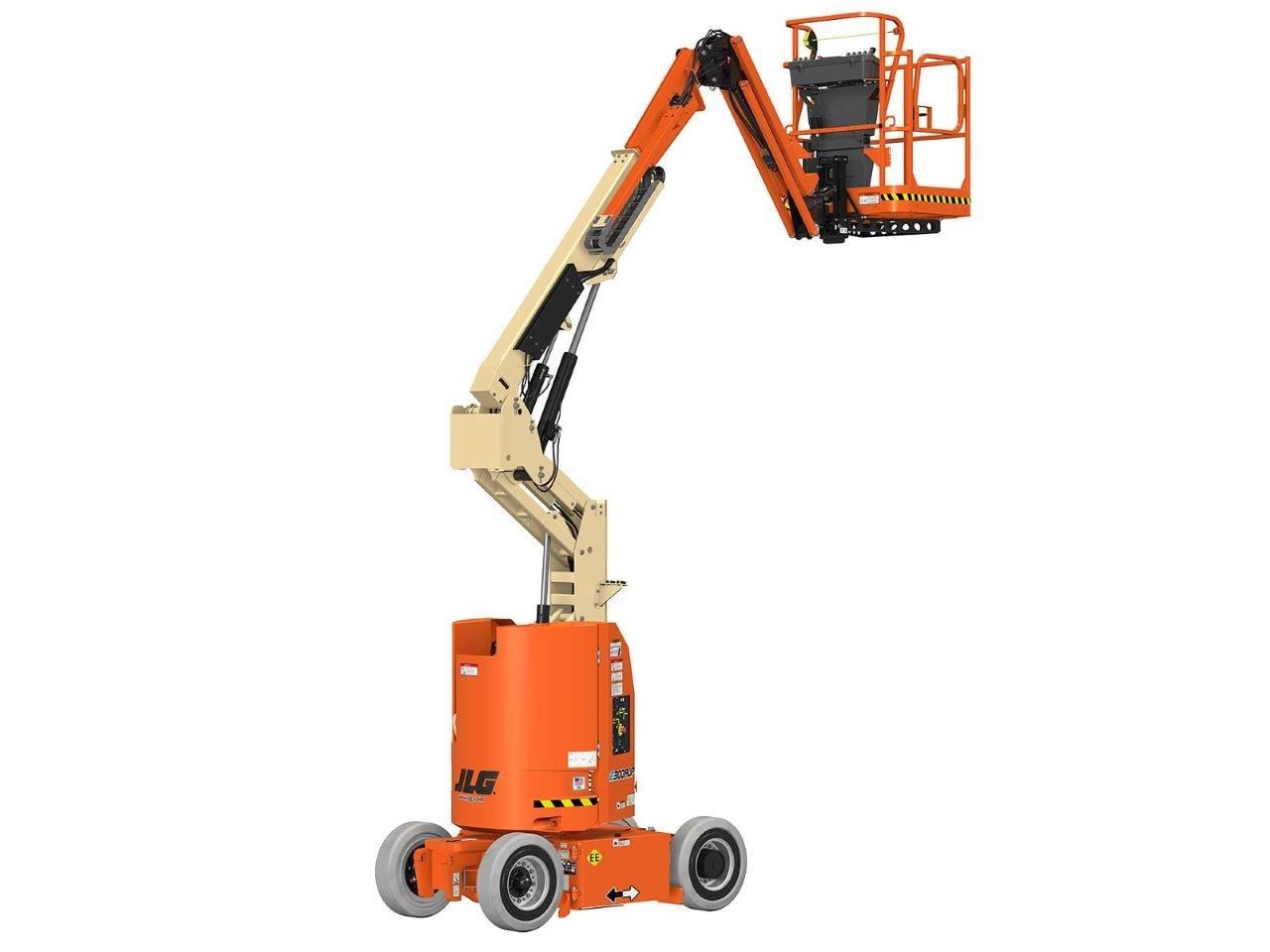 Orange and beige articulating boom lift with raised basket on white background