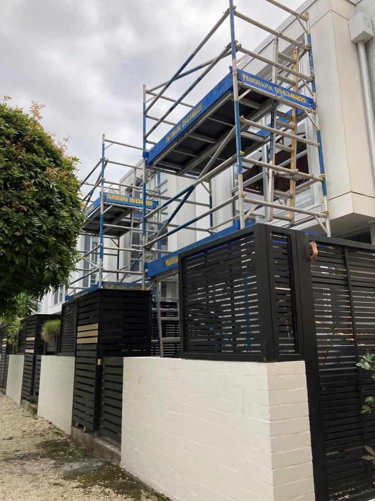 Scaffolding around a white building behind a black slatted fence and wall, beside a tree-lined path.