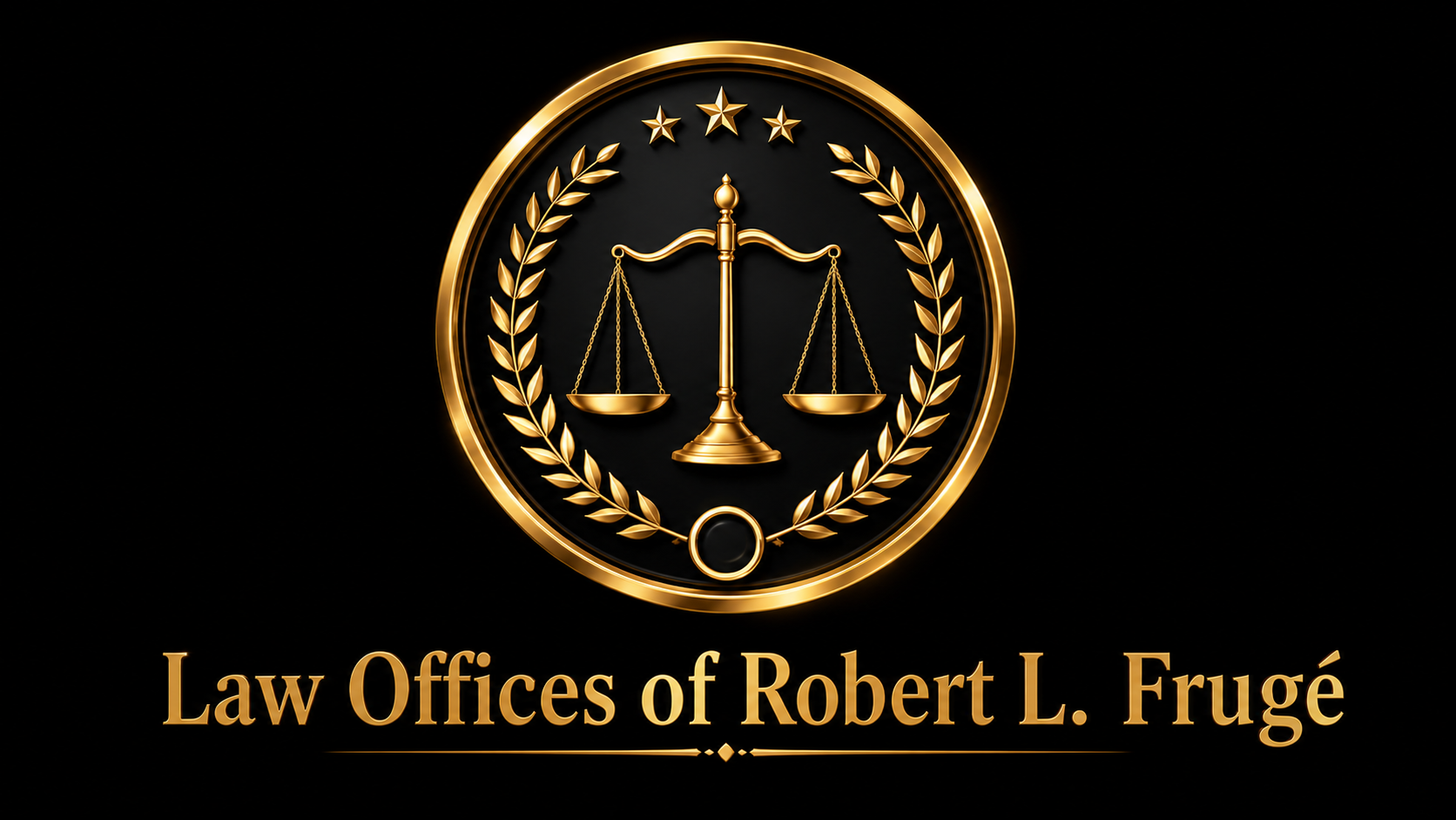 Black-and-gold law firm logo with scales of justice and text “Law Offices of Robert L. Frugé”