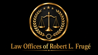 Black-and-gold law firm logo with scales of justice and text “Law Offices of Robert L. Frugé”