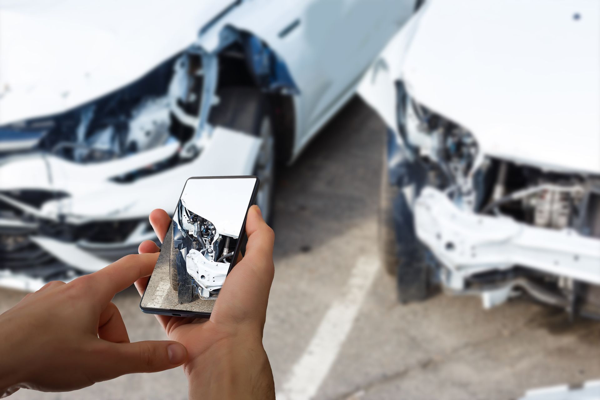 Hands holding a smartphone showing a car crash, with two damaged cars in the background.