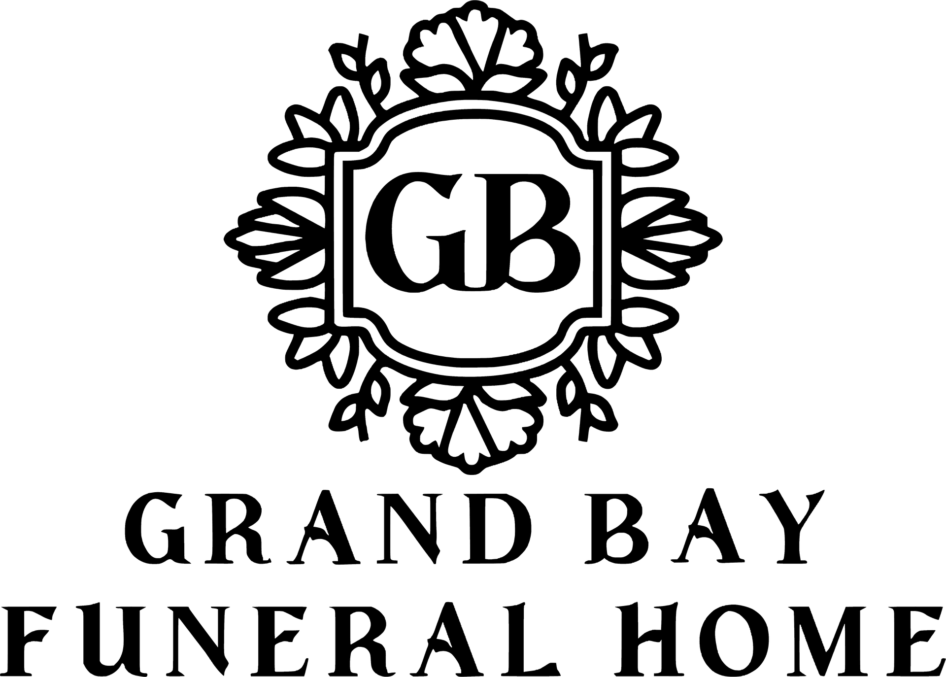 Grand Bay Funeral Home logo with a decorative wreath and the letters “GB”