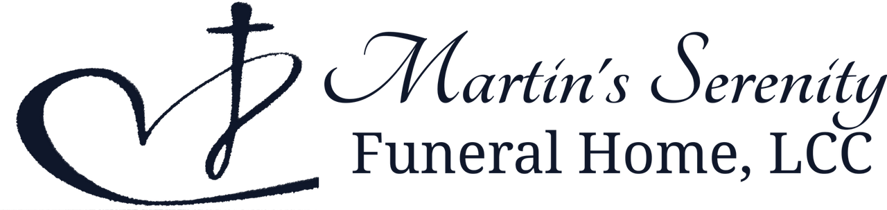 Martin's Serenity Funeral Home, LLC logo with stylized cross and cursive black text on white background