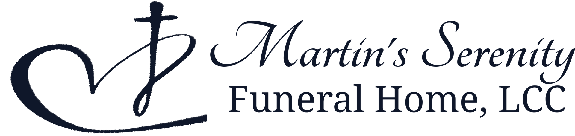 Martin's Serenity Funeral Home, LLC logo with stylized cross and cursive black text on white background