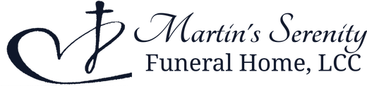 Martin's Serenity Funeral Home, LLC logo with stylized cross and cursive black text on white background