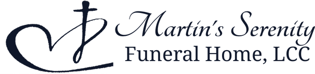 Martin's Serenity Funeral Home, LLC logo with stylized cross and cursive black text on white background