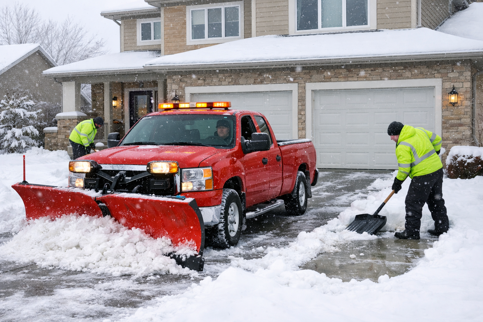 Red pickup truck plowing snow from a driveway, two workers shoveling. Snowy residential setting.