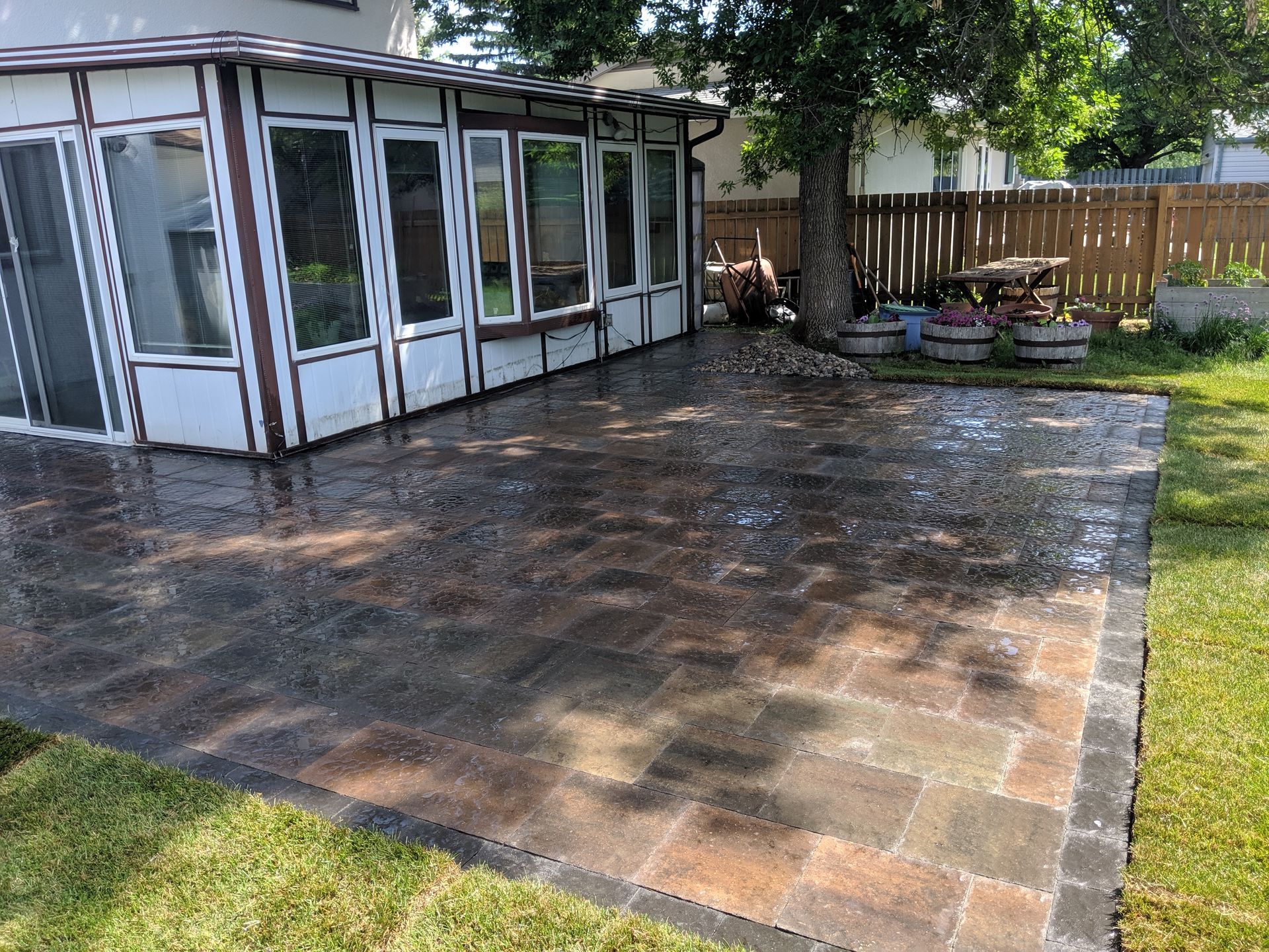 Landscaping with stone patio