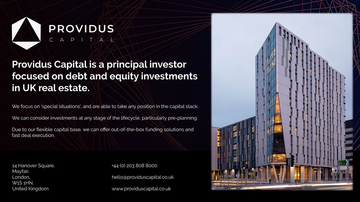 Providus Capital branding with text about UK real estate investments and a modern building photo.