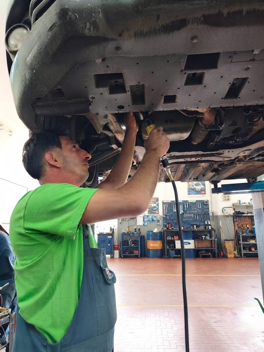 Un meccanico con la camicia verde ripara la parte inferiore di un'auto in un'officina.