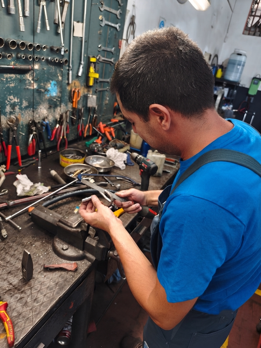 Un tecnico ripara una ruota di bicicletta su un banco da lavoro ingombro in un'officina.