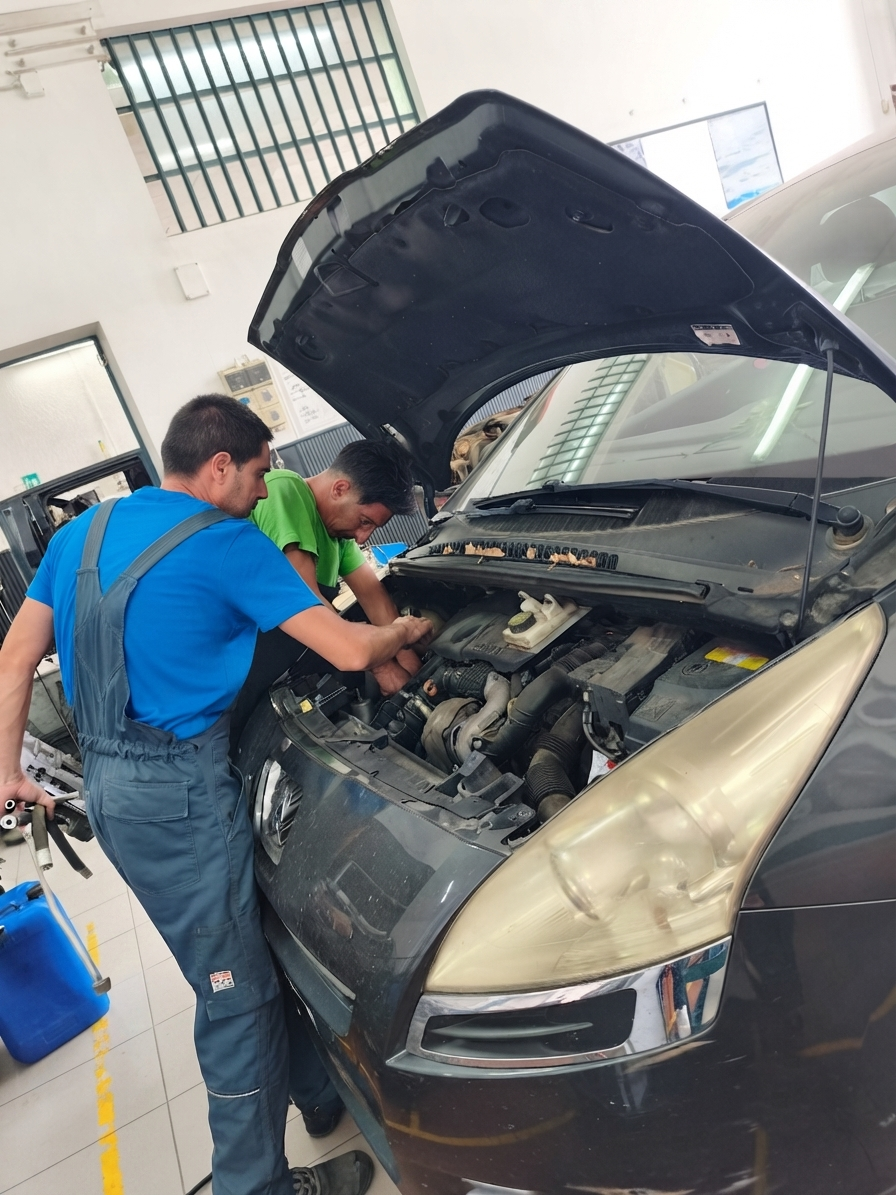 Due meccanici ispezionano il motore di un'auto con il cofano aperto in un'officina.