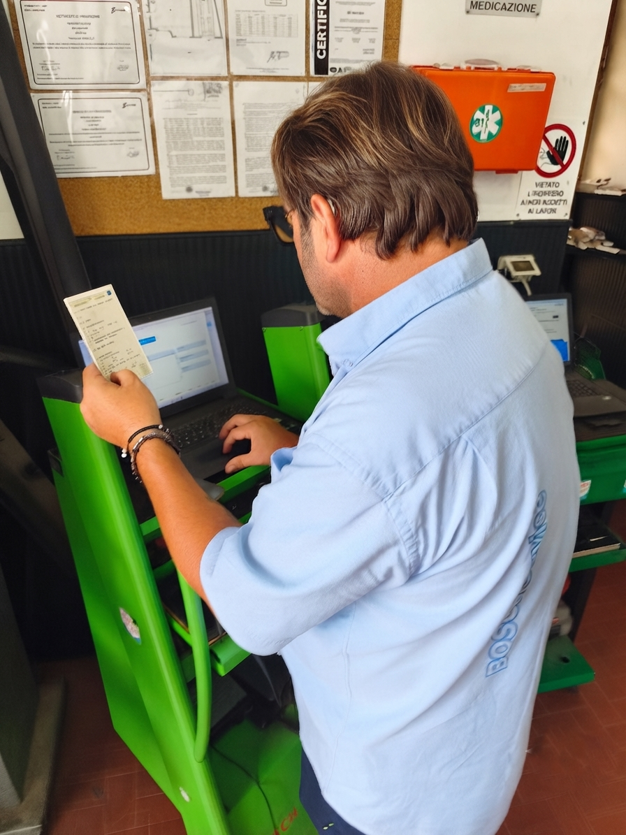 Una persona seduta a una postazione di lavoro verde, utilizza un computer portatile e tiene in mano un appunto cartaceo in un cubicolo d'ufficio.
