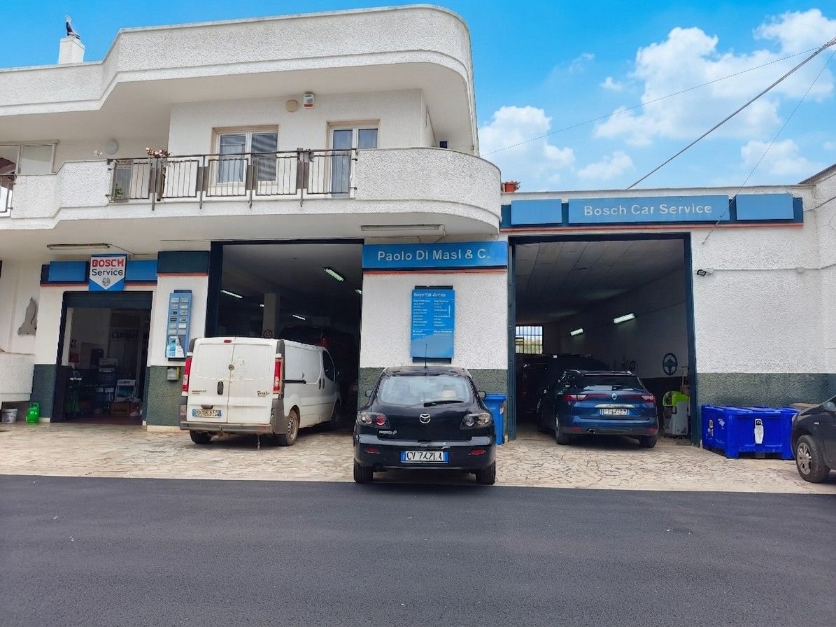 Facciata di un autolavaggio con due auto parcheggiate, un furgone bianco e insegne blu sotto un cielo luminoso.