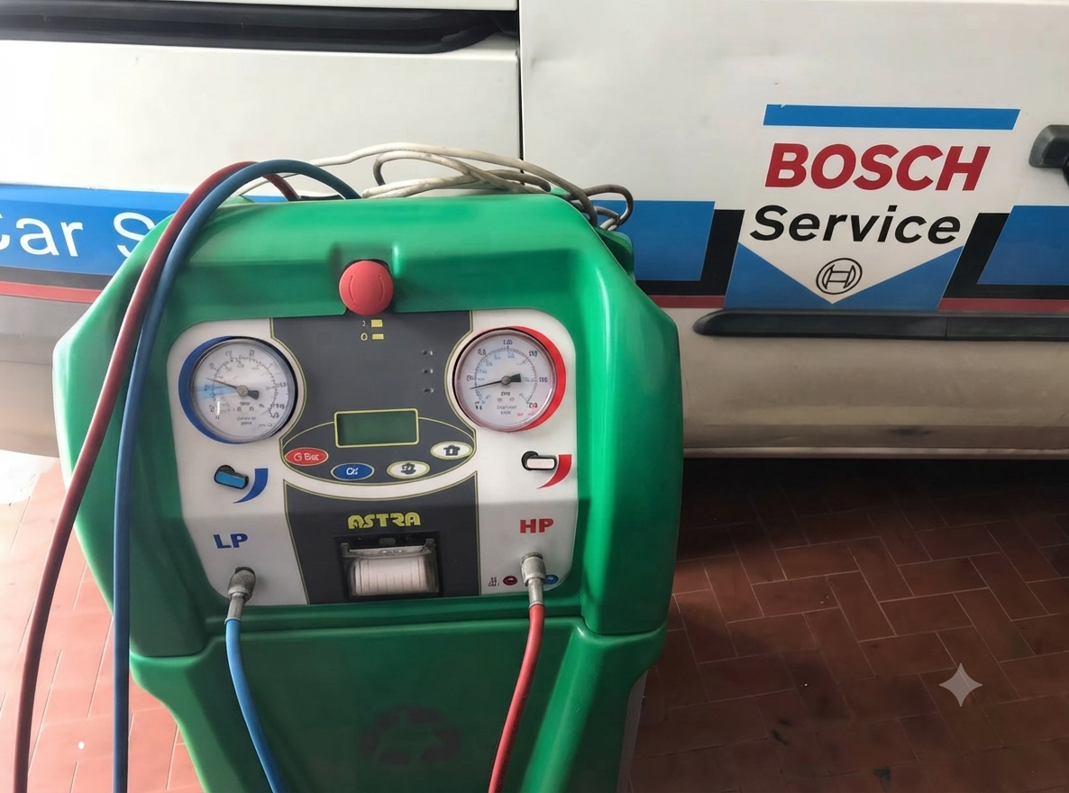 Macchina verde per la manutenzione dell'aria condizionata delle auto, completa di manometri e tubi flessibili, in un'officina Bosch.